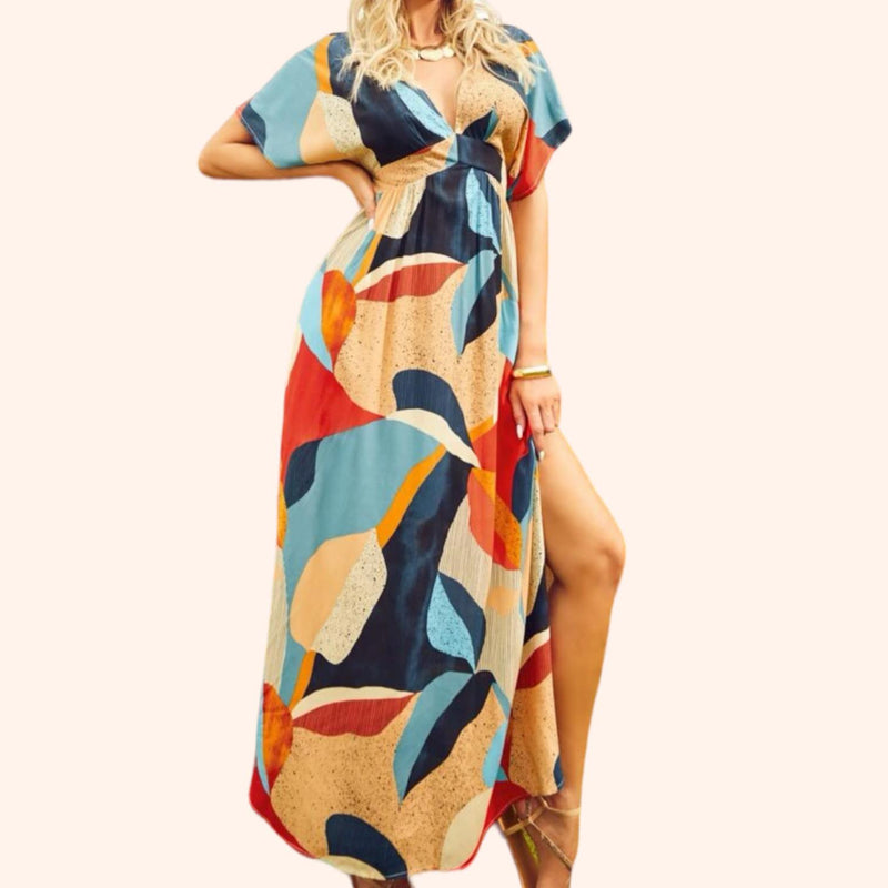 ART DECO V Neck Abstract Full Print Maxi Dress