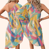 ART DECO Abstract All Over Print One Shoulder Asymmetrical Dress