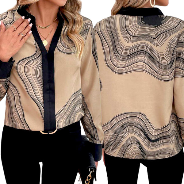GBOSS Abstract Contrast Long Sleeve Blouse Top
