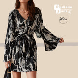 GBOSS Flounce Sleeve Marble Print Belted Short Dress