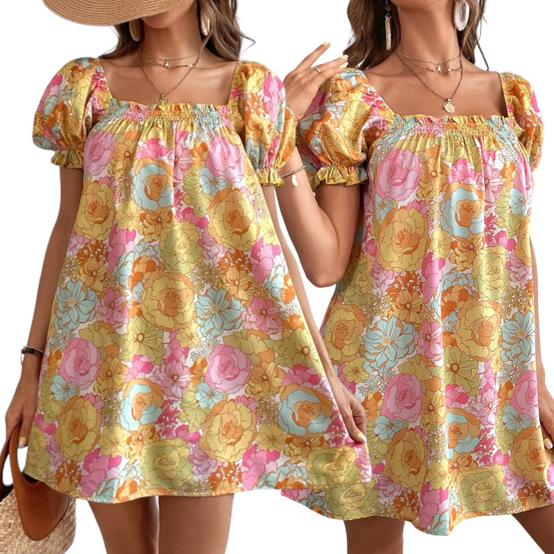 GYPSY Sweet Floral Print Puff Sleeve Short Dress