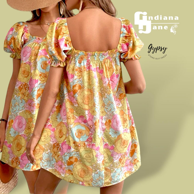 GYPSY Sweet Floral Print Puff Sleeve Short Dress