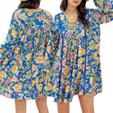 GYPSY Woven Boho Printed Bishop Sleeve Loose Short Dress