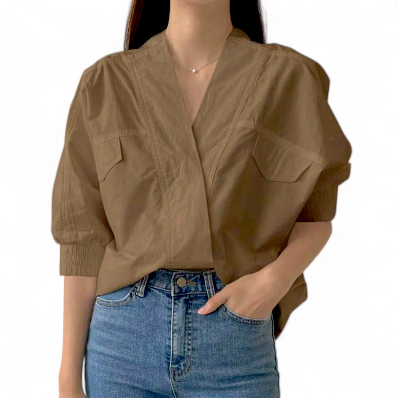 BLUSA Surplice Woven Smock Sleeve Relax Shirt Top