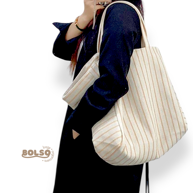 BOLSO Pinstripe Canvas Large Commuter Tote Bag