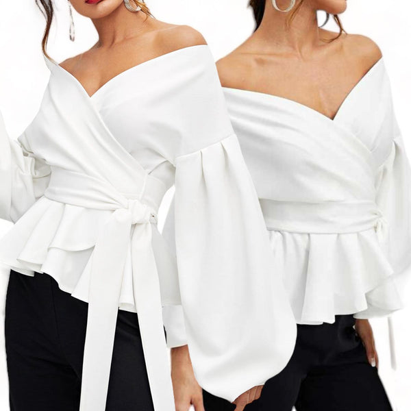 DRAPE Volume Belted Peplum Lantern Sleeve Elegant Top