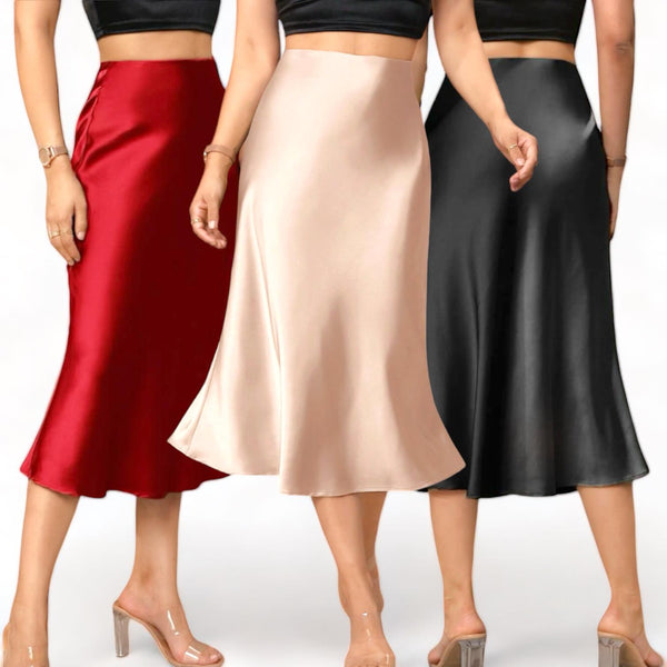 GBOSS Elegant Satin High Waist Midi Skirt