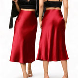 GBOSS Elegant Satin High Waist Midi Skirt