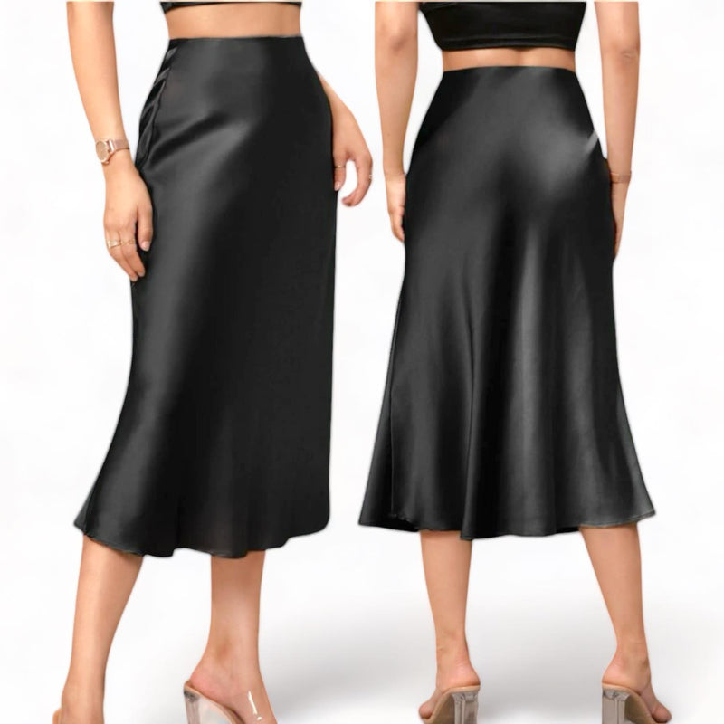 GBOSS Elegant Satin High Waist Midi Skirt