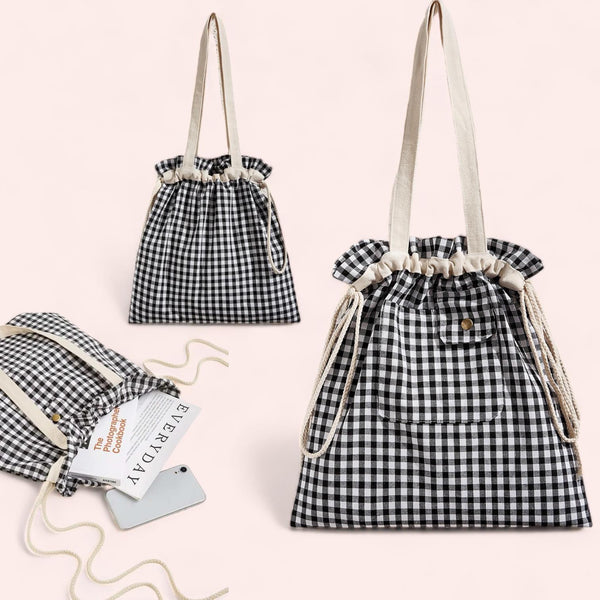 BOLSO K Style Checkered Drawstring Tote Bag