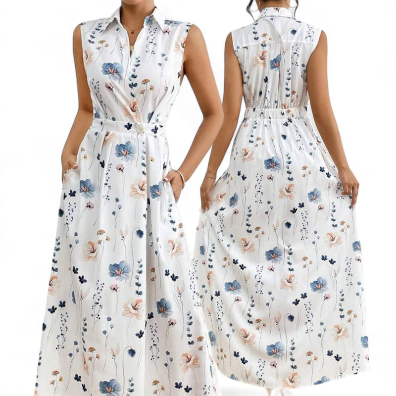 GBOSS Floral Printed Collared Waist Cinched Long Dress with Pockets