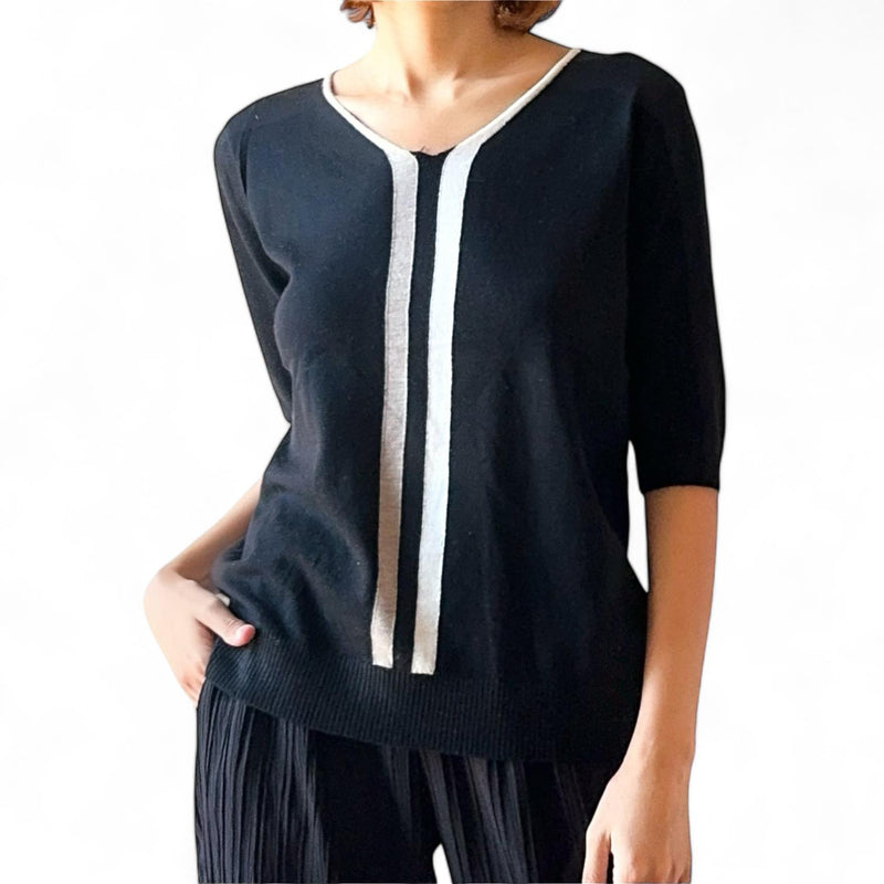 BLK Contrast Details Knitted 3/4 Sleeves Top