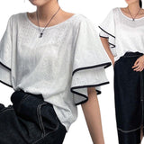 BLUSA Eyelet Contrast Ruffle Sleeves Top