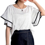 BLUSA Eyelet Contrast Ruffle Sleeves Top