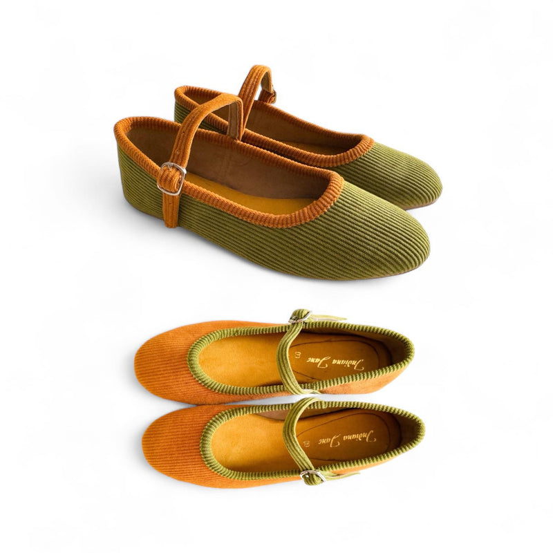 SALLY Two Tone Corduroy Textured Leather Soft Mary Jane Doll Shoes