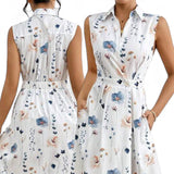 GBOSS Floral Printed Collared Waist Cinched Long Dress with Pockets