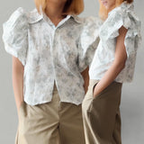 BLUSA Bubble Sleeve Butterfly Woven Dainty Print Buttondown Collared Shirt Top