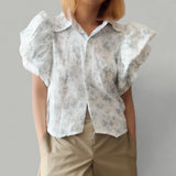 BLUSA Bubble Sleeve Butterfly Woven Dainty Print Buttondown Collared Shirt Top