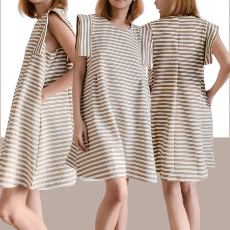 BLK Thick Knit Horizontal Stripes A Line Dress w 2 Side Pockets