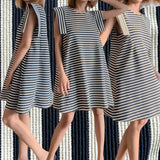 BLK Thick Knit Horizontal Stripes A Line Dress w 2 Side Pockets