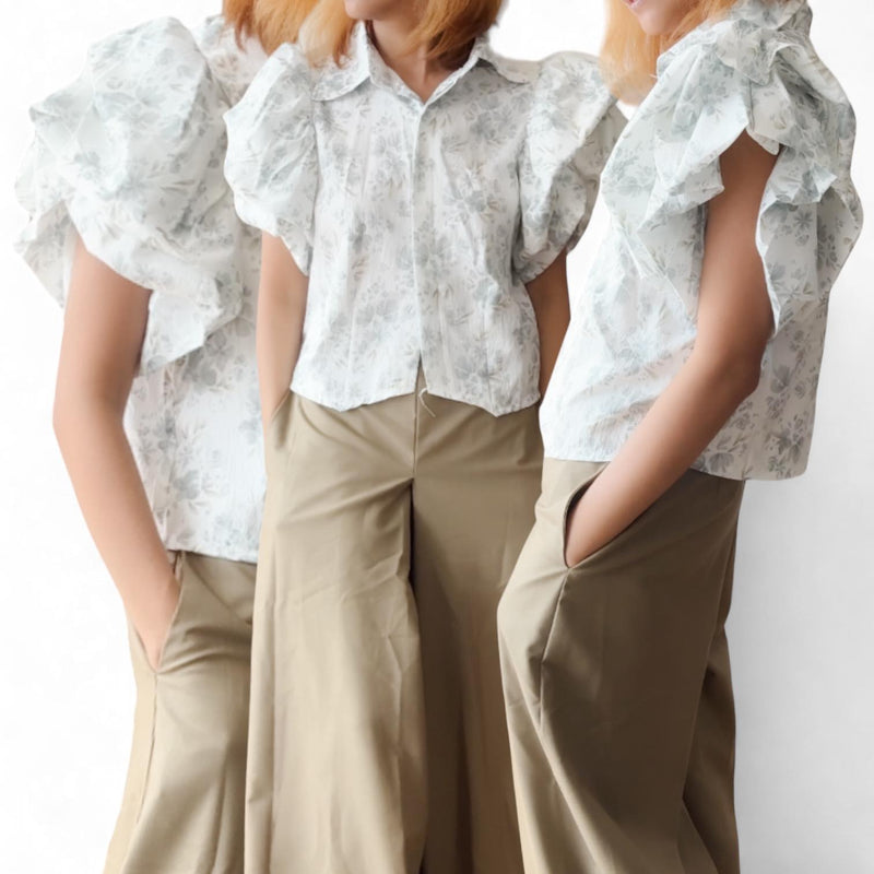 BLUSA Bubble Sleeve Butterfly Woven Dainty Print Buttondown Collared Shirt Top