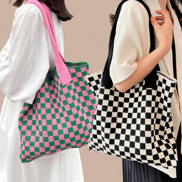 BOLSO LOOM Crochet Checkered Pattern Large Tote Bag