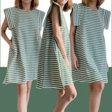 BLK Thick Knit Horizontal Stripes A Line Dress w 2 Side Pockets