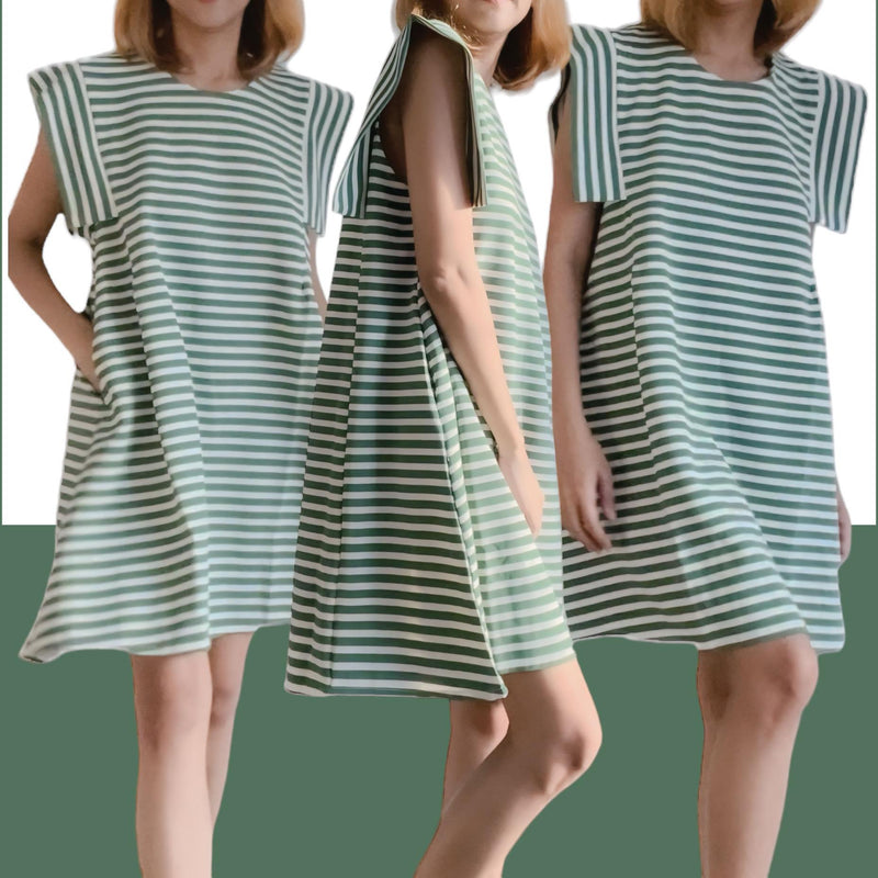 BLK Thick Knit Horizontal Stripes A Line Dress w 2 Side Pockets