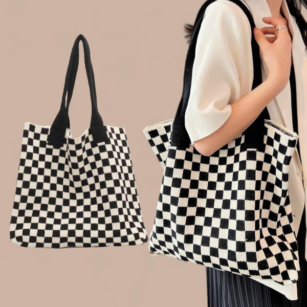 BOLSO LOOM Crochet Checkered Pattern Large Tote Bag