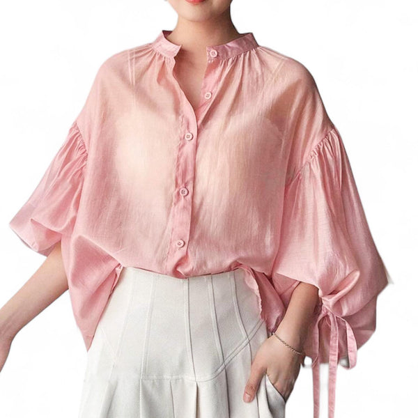 BLUSA Sheet Bishop Sleeve Bespoke Buttondown Shirt Elegant Top (inner not included)