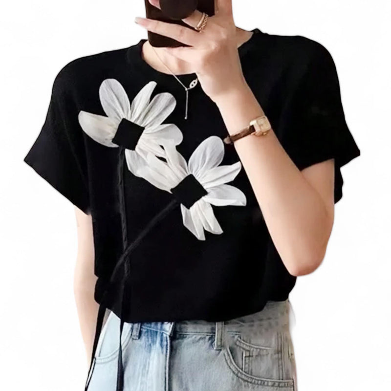 APLIK Contrast 3D Floral Applique Tee Top