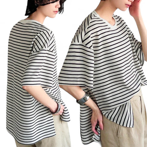 JERSY Stripes Loose Drop Shoulder K Style Tee Top