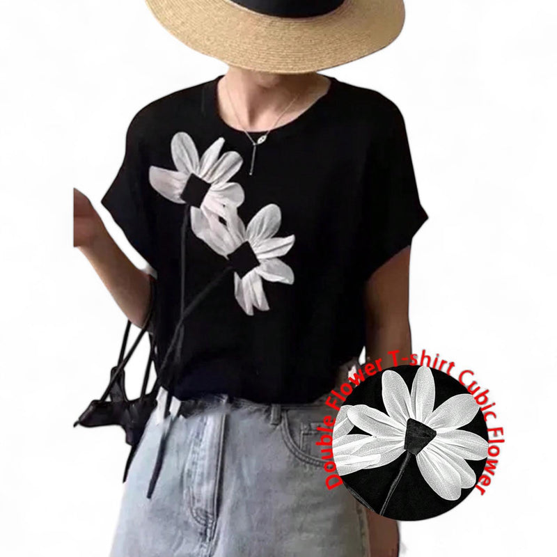 APLIK Contrast 3D Floral Applique Tee Top