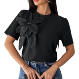 APLIK Elegant Textured Floral Appliqué Tee Top