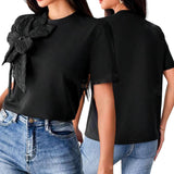 APLIK Elegant Textured Floral Appliqué Tee Top