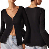 BLK Knitted Flare Long Sleeves Hem Open Front w Buttons Bespoke Top