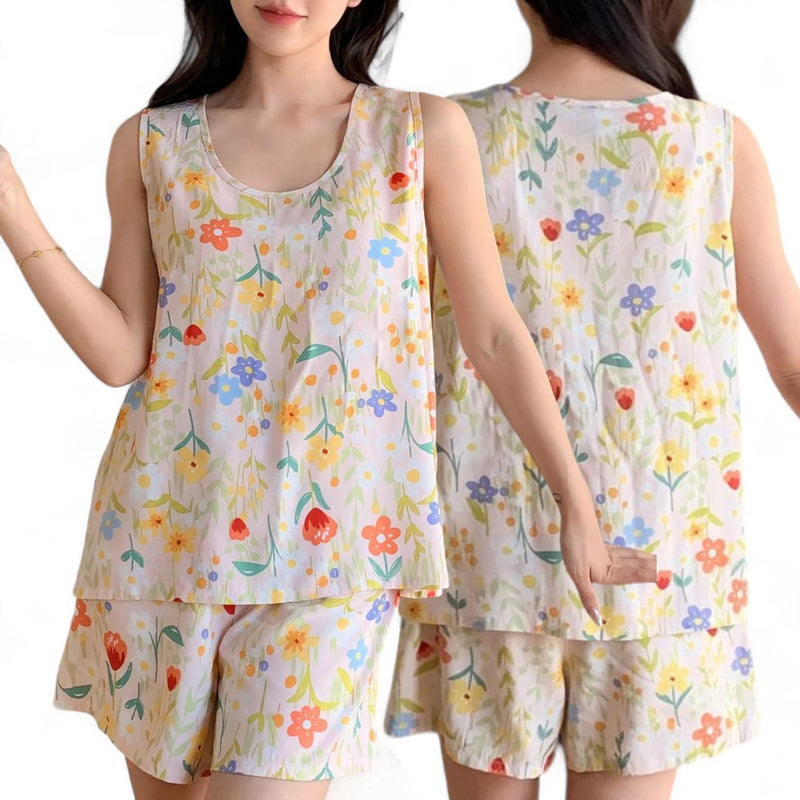 SWEET DREAMS Woven Cotton Floral Printed Lounge Relax Sleeveless Top & Shorts Set