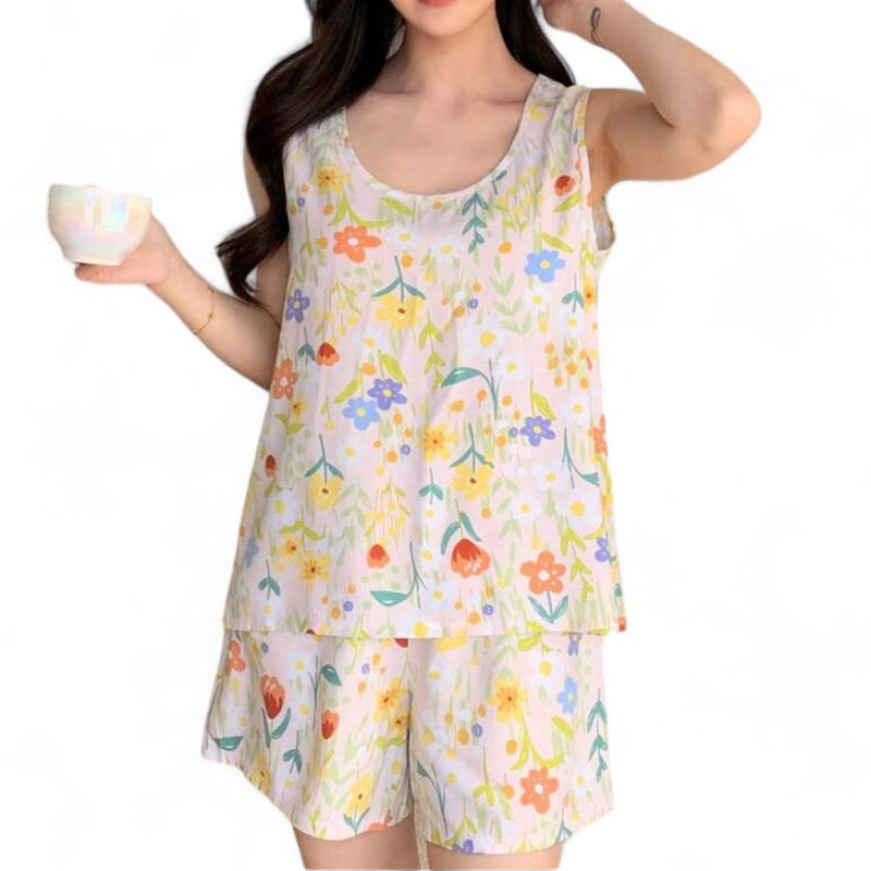 SWEET DREAMS Woven Cotton Floral Printed Lounge Relax Sleeveless Top & Shorts Set