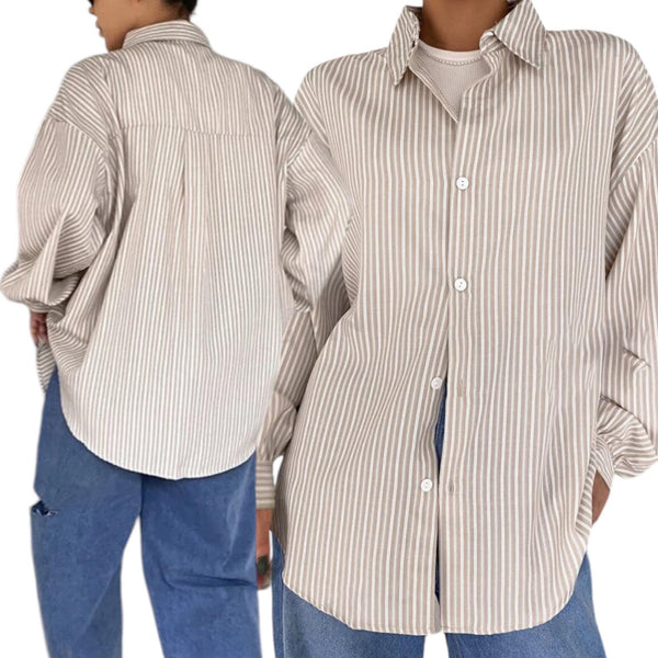 HAMPTONS Woven Stripes Collar Buttondown Curve Hem Casual Loose Polo Shirt Top