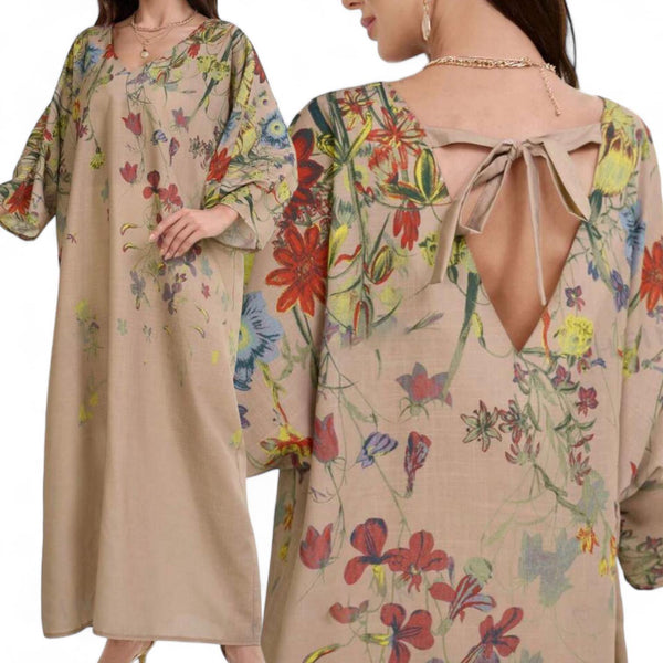 MADAME Woven Floral Printed Back Detail Long Sleeve Long Dress