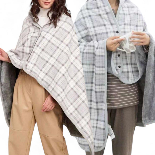 WRAP Warm Fleece Plaid Reversible Pocho Blanket Shawl