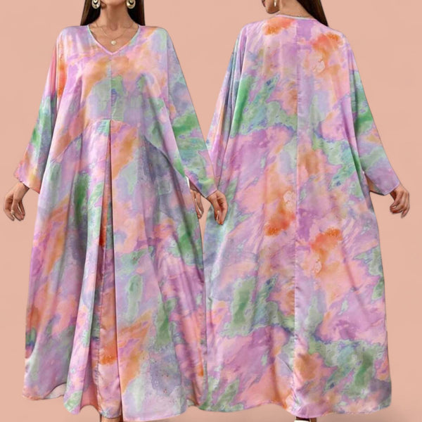 MADAME Elegant Watercolor Abstract Print Long Sleeve Maxi Dress