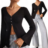 BLK Knitted Flare Long Sleeves Hem Open Front w Buttons Bespoke Top