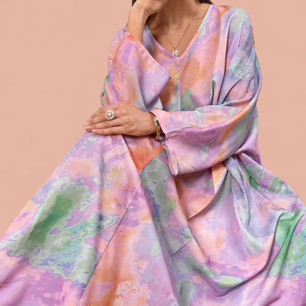 MADAME Elegant Watercolor Abstract Print Long Sleeve Maxi Dress