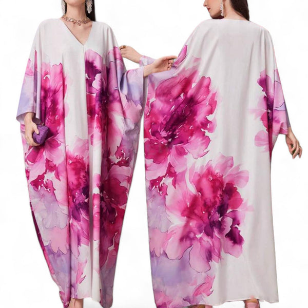 MADAME Watercolor Floral Printed V Neck Rectangular Maxi Dress