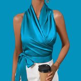 GBOSS Satin Halter Side Wrap Blouse Top