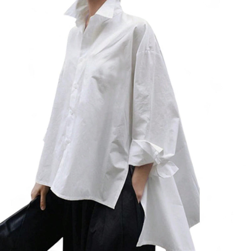 BLUSA Woven Collar Buttondown Drop Shoulder High Low Hem Loose Shirt Top