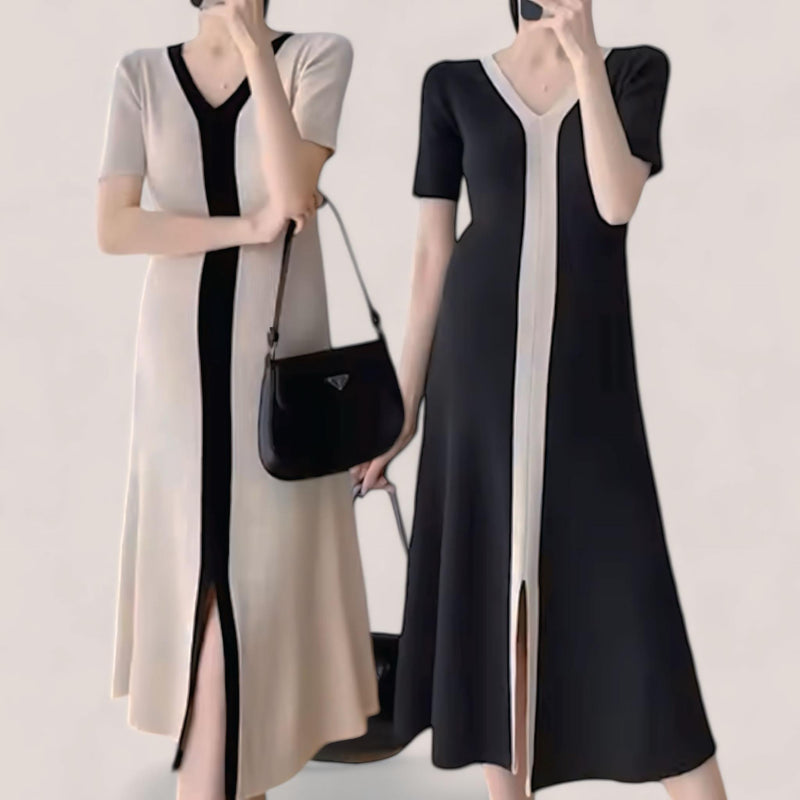 LOOM Knitted Contrast Vertical Line Long Dress