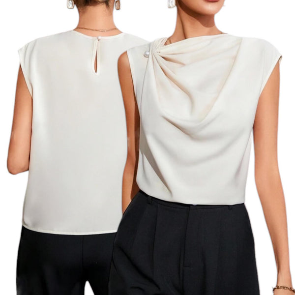 BLUSA Drape Shoulder Pearl Work Blouse Top