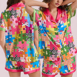 SWEET DREAMS Colorful Artsy Cartoon Printed Buttondown Shorts Set Pajama